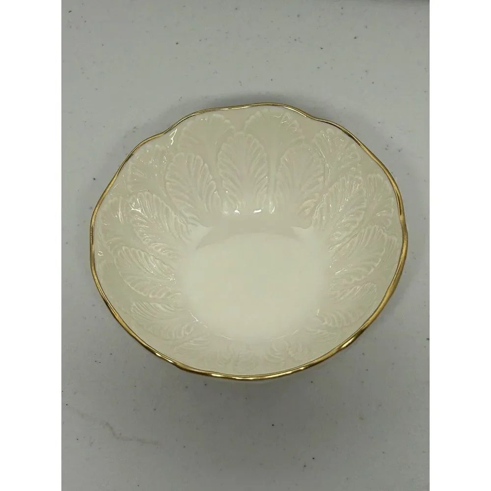Lenox China Greenfield Sylvan Bowl 24K Gold Trim Sculpt Leaf Candy Nuts 4.5